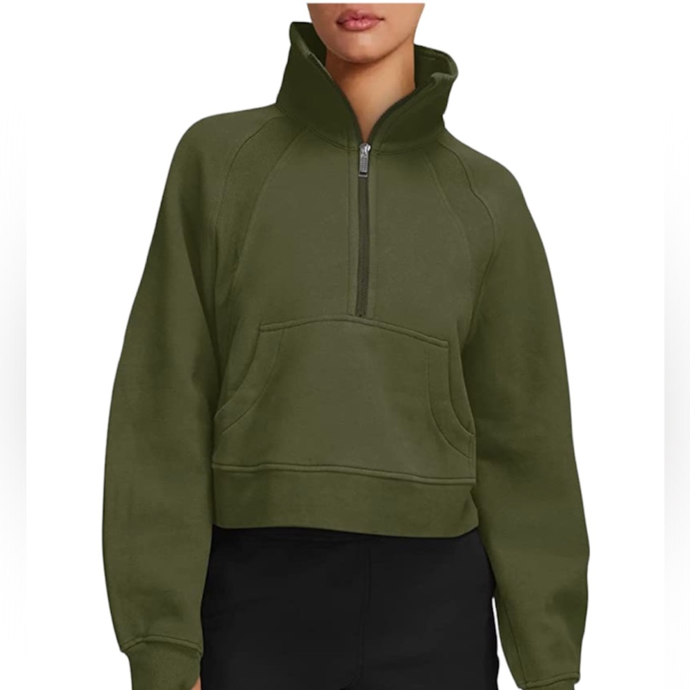 LASLULU Womens Hoodies Fleece Lined Cropped Pullover 1/2 Zipper Army Green Scuba